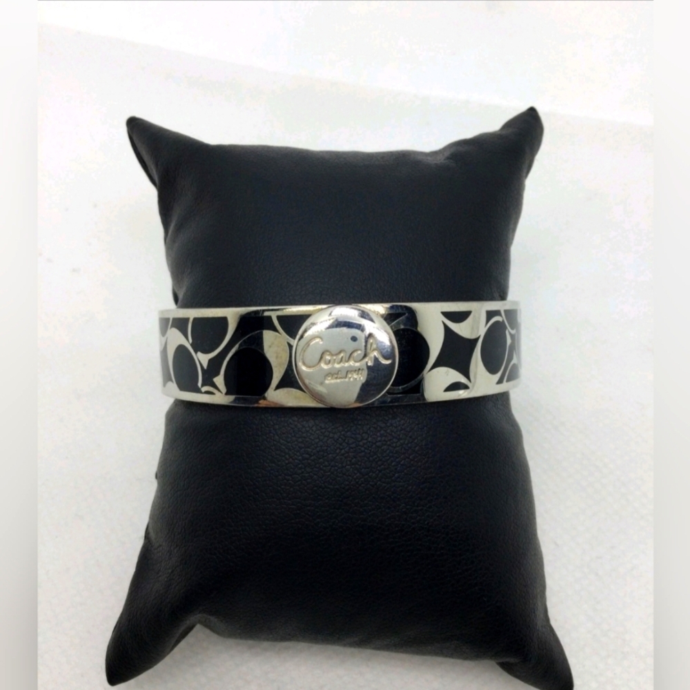 Coach Black Enamel Signature Hinged Bangle Bracelet 7" NWOT